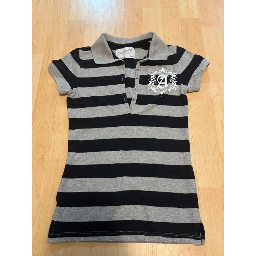 Aéropostale Women's Y2K Striped Polo Shirt Grey Black Short Sleeve Size S